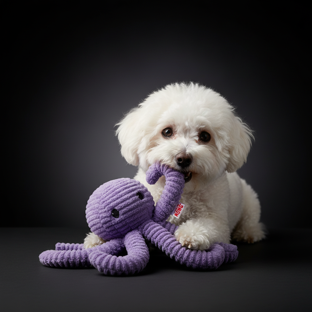 Bichon jouant avec peluche pieuvre Kong
