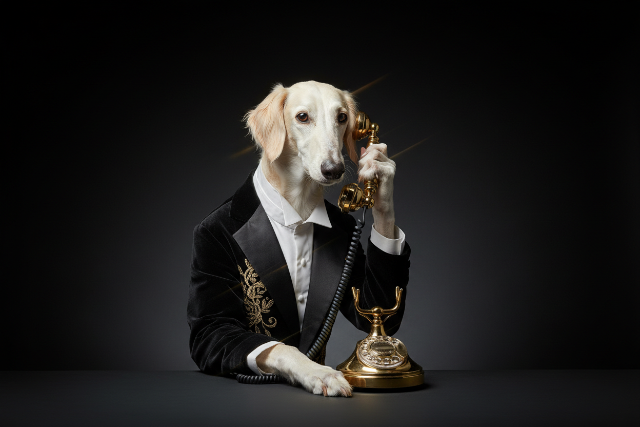 Chien au téléphone – fond noir anthracite